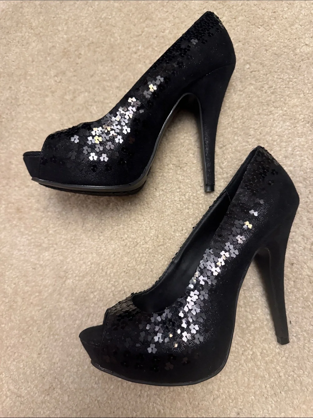 Chinese Laundry Black Sequin Peep-Toe Heels